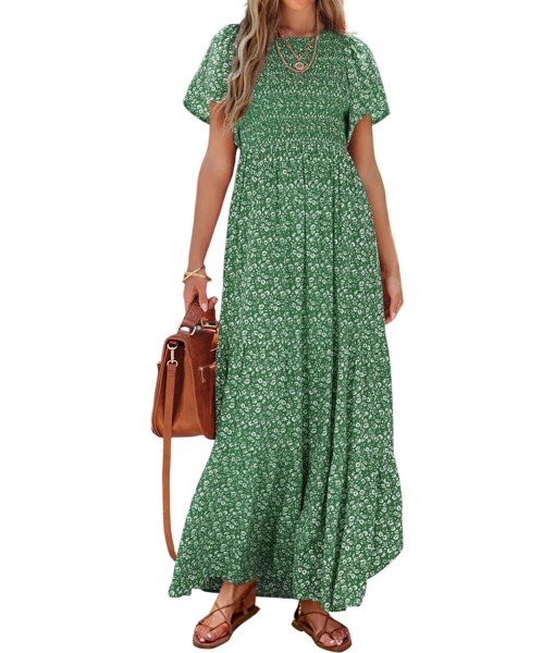 PRETTYGARDEN Women's 2025 Summer Casual Flutter Short Sleeve Boho Floral Maxi Dress Crew Neck Smocked Tiered Long Dresses