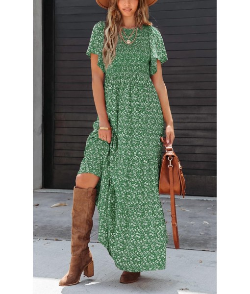 PRETTYGARDEN Women's 2025 Summer Casual Flutter Short Sleeve Boho Floral Maxi Dress Crew Neck Smocked Tiered Long Dresses