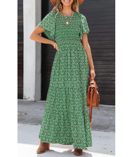 PRETTYGARDEN Women's 2025 Summer Casual Flutter Short Sleeve Boho Floral Maxi Dress Crew Neck Smocked Tiered Long Dresses