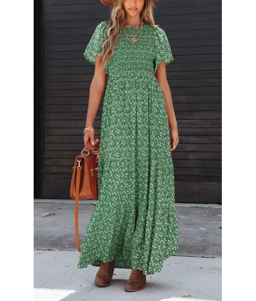 PRETTYGARDEN Women's 2025 Summer Casual Flutter Short Sleeve Boho Floral Maxi Dress Crew Neck Smocked Tiered Long Dresses