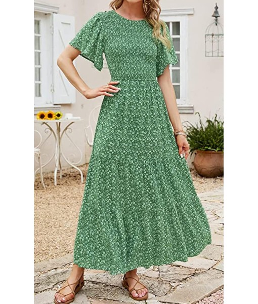 PRETTYGARDEN Women's 2025 Summer Casual Flutter Short Sleeve Boho Floral Maxi Dress Crew Neck Smocked Tiered Long Dresses