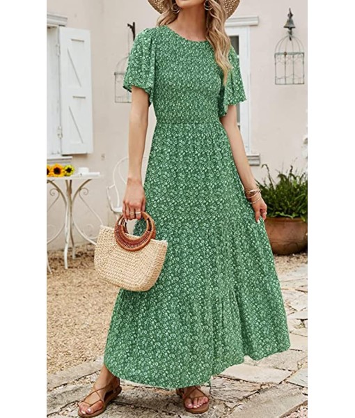 PRETTYGARDEN Women's 2025 Summer Casual Flutter Short Sleeve Boho Floral Maxi Dress Crew Neck Smocked Tiered Long Dresses