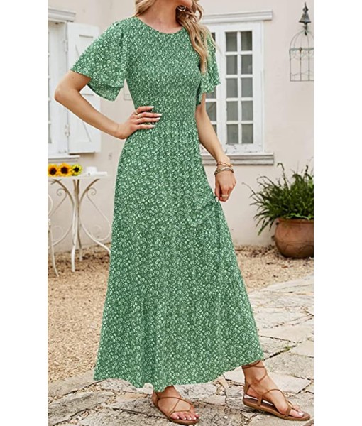 PRETTYGARDEN Women's 2025 Summer Casual Flutter Short Sleeve Boho Floral Maxi Dress Crew Neck Smocked Tiered Long Dresses