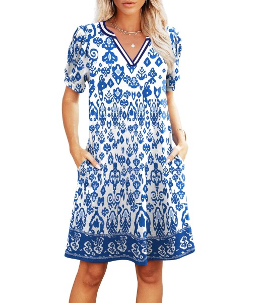 RUMIA V-Neck Summer Casual Sundress for Women- Short Sleeve Swing Beach Dress with Pockets (S-3XL)