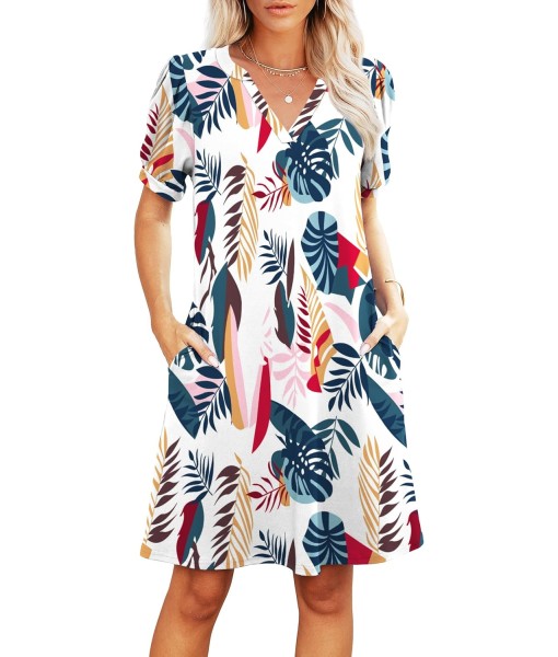 RUMIA V-Neck Summer Casual Sundress for Women- Short Sleeve Swing Beach Dress with Pockets (S-3XL)