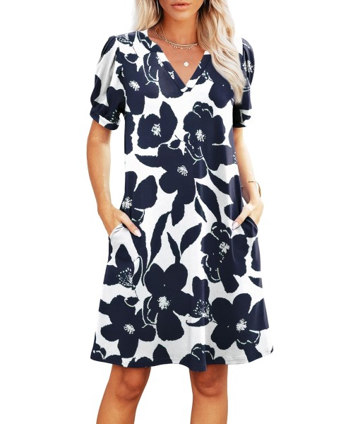 RUMIA V-Neck Summer Casual Sundress for Women- Short Sleeve Swing Beach Dress with Pockets (S-3XL)