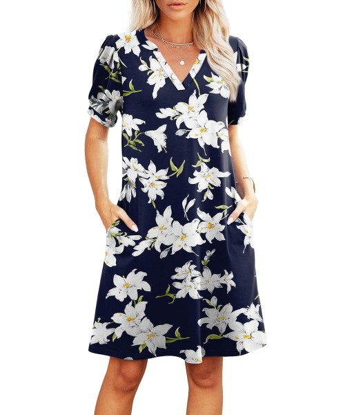 RUMIA V-Neck Summer Casual Sundress for Women- Short Sleeve Swing Beach Dress with Pockets (S-3XL)