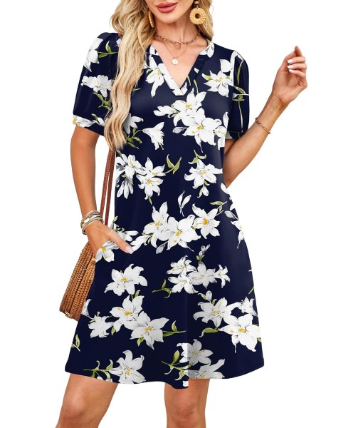 RUMIA V-Neck Summer Casual Sundress for Women- Short Sleeve Swing Beach Dress with Pockets (S-3XL)