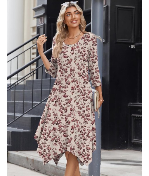 Zeagoo Midi Women 3/4 Sleeve Dress Casual Dresses with Pockets 2025 Fall A Line Dress Elegant Formal Modest Dresses