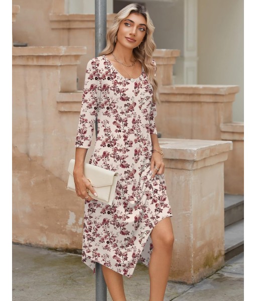 Zeagoo Midi Women 3/4 Sleeve Dress Casual Dresses with Pockets 2025 Fall A Line Dress Elegant Formal Modest Dresses