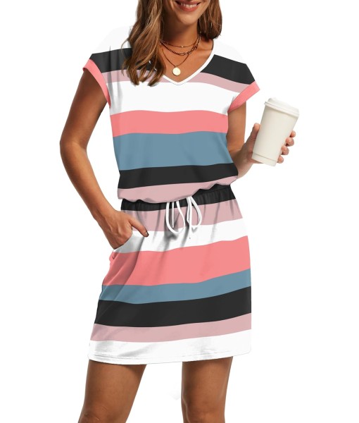 OFEEFAN Summer Dresses for Women 2025 V Neck T Shirt Casual Mini Dresses Tie Waist Sundresses with Pockets