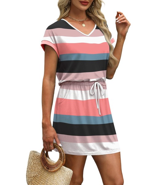 OFEEFAN Summer Dresses for Women 2025 V Neck T Shirt Casual Mini Dresses Tie Waist Sundresses with Pockets