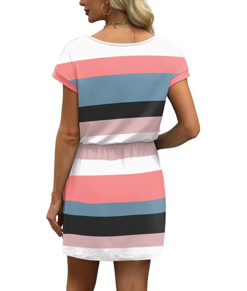 OFEEFAN Summer Dresses for Women 2025 V Neck T Shirt Casual Mini Dresses Tie Waist Sundresses with Pockets