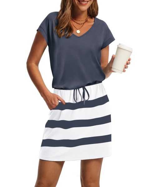 OFEEFAN Summer Dresses for Women 2025 V Neck T Shirt Casual Mini Dresses Tie Waist Sundresses with Pockets