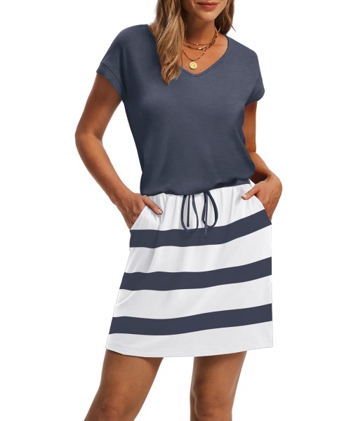 OFEEFAN Summer Dresses for Women 2025 V Neck T Shirt Casual Mini Dresses Tie Waist Sundresses with Pockets