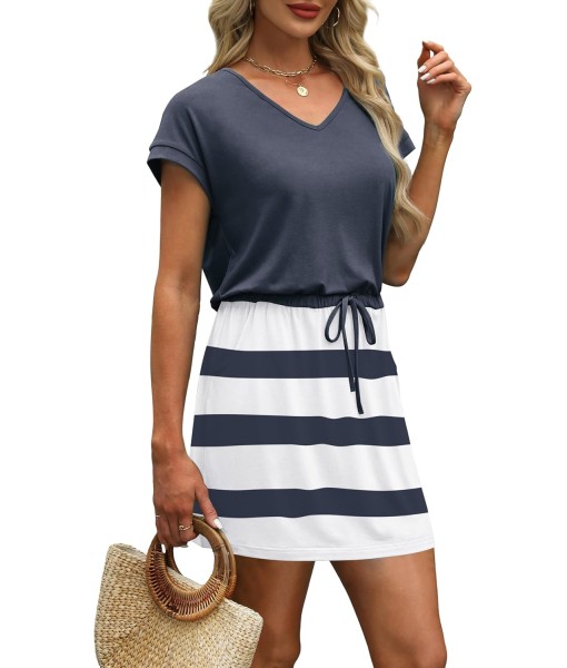 OFEEFAN Summer Dresses for Women 2025 V Neck T Shirt Casual Mini Dresses Tie Waist Sundresses with Pockets