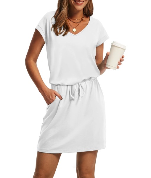 OFEEFAN Summer Dresses for Women 2025 V Neck T Shirt Casual Mini Dresses Tie Waist Sundresses with Pockets
