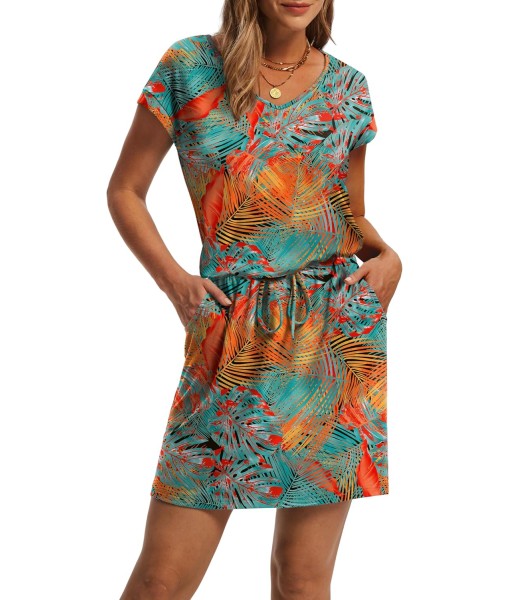 OFEEFAN Summer Dresses for Women 2025 V Neck T Shirt Casual Mini Dresses Tie Waist Sundresses with Pockets