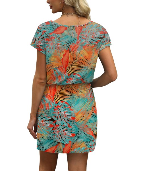 OFEEFAN Summer Dresses for Women 2025 V Neck T Shirt Casual Mini Dresses Tie Waist Sundresses with Pockets