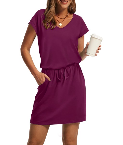 OFEEFAN Summer Dresses for Women 2025 V Neck T Shirt Casual Mini Dresses Tie Waist Sundresses with Pockets