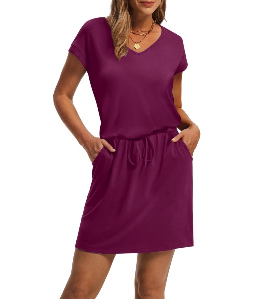 OFEEFAN Summer Dresses for Women 2025 V Neck T Shirt Casual Mini Dresses Tie Waist Sundresses with Pockets