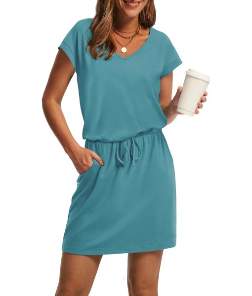 OFEEFAN Summer Dresses for Women 2025 V Neck T Shirt Casual Mini Dresses Tie Waist Sundresses with Pockets