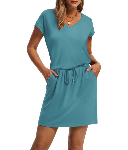 OFEEFAN Summer Dresses for Women 2025 V Neck T Shirt Casual Mini Dresses Tie Waist Sundresses with Pockets
