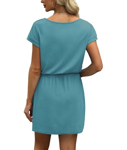 OFEEFAN Summer Dresses for Women 2025 V Neck T Shirt Casual Mini Dresses Tie Waist Sundresses with Pockets