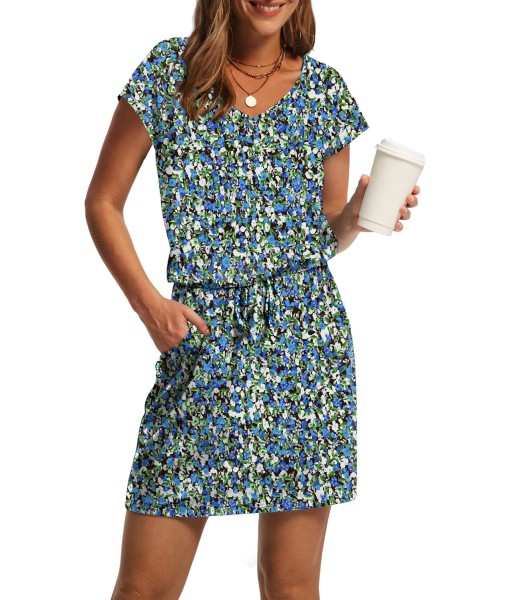OFEEFAN Summer Dresses for Women 2025 V Neck T Shirt Casual Mini Dresses Tie Waist Sundresses with Pockets
