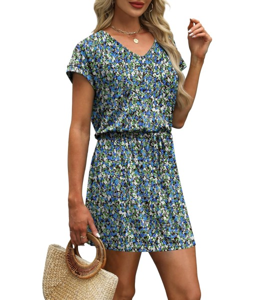 OFEEFAN Summer Dresses for Women 2025 V Neck T Shirt Casual Mini Dresses Tie Waist Sundresses with Pockets