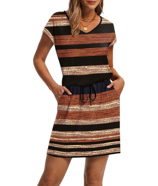 OFEEFAN Summer Dresses for Women 2025 V Neck T Shirt Casual Mini Dresses Tie Waist Sundresses with Pockets