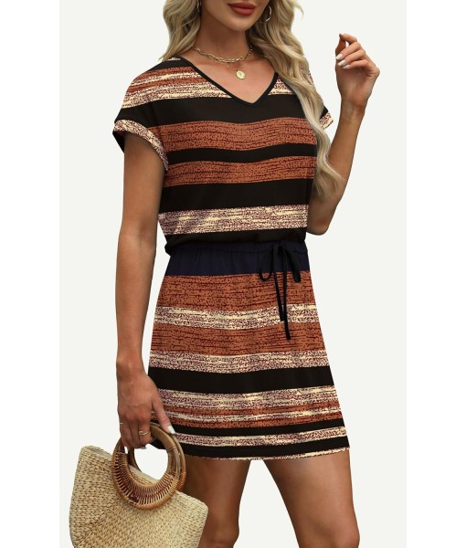 OFEEFAN Summer Dresses for Women 2025 V Neck T Shirt Casual Mini Dresses Tie Waist Sundresses with Pockets