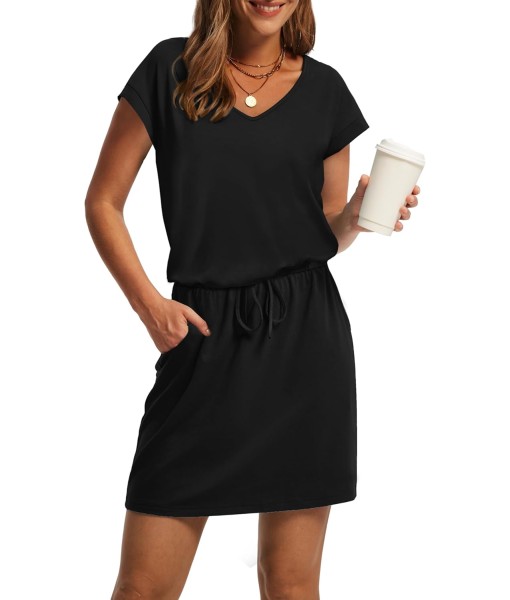 OFEEFAN Summer Dresses for Women 2025 V Neck T Shirt Casual Mini Dresses Tie Waist Sundresses with Pockets