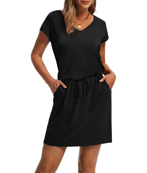 OFEEFAN Summer Dresses for Women 2025 V Neck T Shirt Casual Mini Dresses Tie Waist Sundresses with Pockets