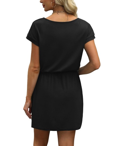 OFEEFAN Summer Dresses for Women 2025 V Neck T Shirt Casual Mini Dresses Tie Waist Sundresses with Pockets