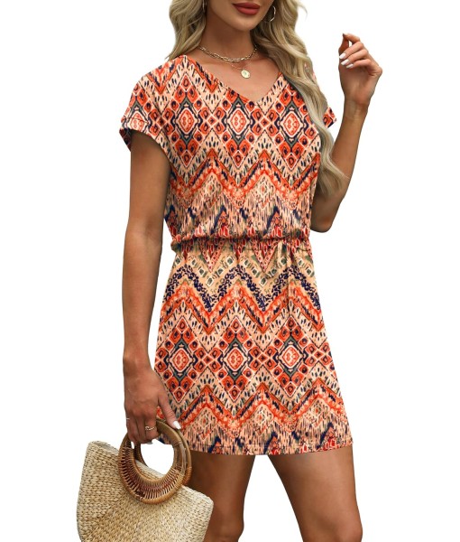 OFEEFAN Summer Dresses for Women 2025 V Neck T Shirt Casual Mini Dresses Tie Waist Sundresses with Pockets