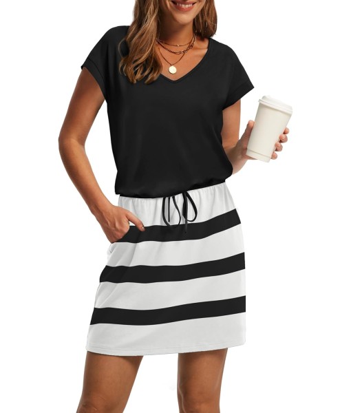 OFEEFAN Summer Dresses for Women 2025 V Neck T Shirt Casual Mini Dresses Tie Waist Sundresses with Pockets