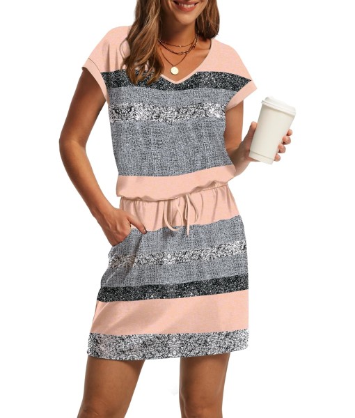 OFEEFAN Summer Dresses for Women 2025 V Neck T Shirt Casual Mini Dresses Tie Waist Sundresses with Pockets