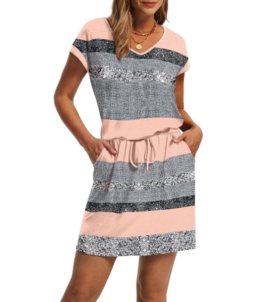 OFEEFAN Summer Dresses for Women 2025 V Neck T Shirt Casual Mini Dresses Tie Waist Sundresses with Pockets