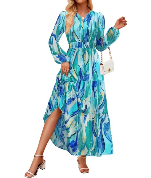 ZESICA Women's 2025 Fall Long Sleeve Maxi Dress Floral Print V Neck Empire Waist A Line Tiered Flowy Boho Party Dresses
