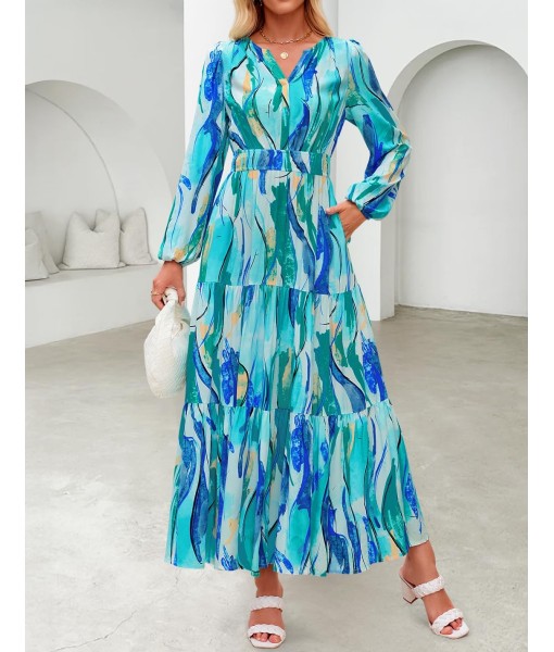 ZESICA Women's 2025 Fall Long Sleeve Maxi Dress Floral Print V Neck Empire Waist A Line Tiered Flowy Boho Party Dresses