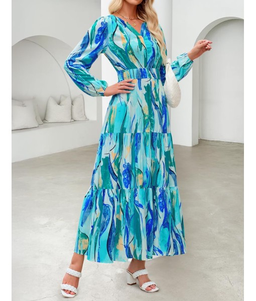 ZESICA Women's 2025 Fall Long Sleeve Maxi Dress Floral Print V Neck Empire Waist A Line Tiered Flowy Boho Party Dresses