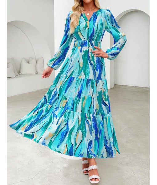 ZESICA Women's 2025 Fall Long Sleeve Maxi Dress Floral Print V Neck Empire Waist A Line Tiered Flowy Boho Party Dresses