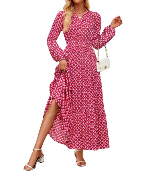 ZESICA Women's 2025 Fall Long Sleeve Maxi Dress Floral Print V Neck Empire Waist A Line Tiered Flowy Boho Party Dresses