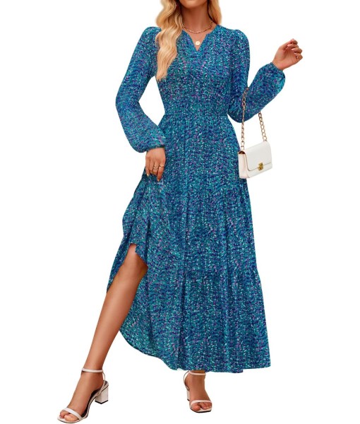 ZESICA Women's 2025 Fall Long Sleeve Maxi Dress Floral Print V Neck Empire Waist A Line Tiered Flowy Boho Party Dresses
