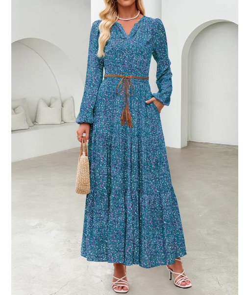 ZESICA Women's 2025 Fall Long Sleeve Maxi Dress Floral Print V Neck Empire Waist A Line Tiered Flowy Boho Party Dresses