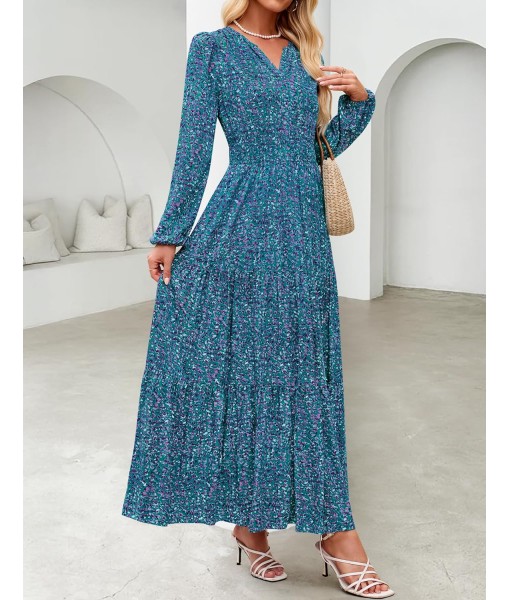 ZESICA Women's 2025 Fall Long Sleeve Maxi Dress Floral Print V Neck Empire Waist A Line Tiered Flowy Boho Party Dresses