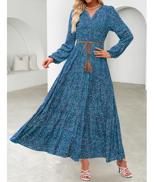 ZESICA Women's 2025 Fall Long Sleeve Maxi Dress Floral Print V Neck Empire Waist A Line Tiered Flowy Boho Party Dresses