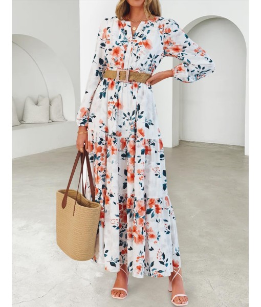 ZESICA Women's 2025 Fall Long Sleeve Maxi Dress Floral Print V Neck Empire Waist A Line Tiered Flowy Boho Party Dresses