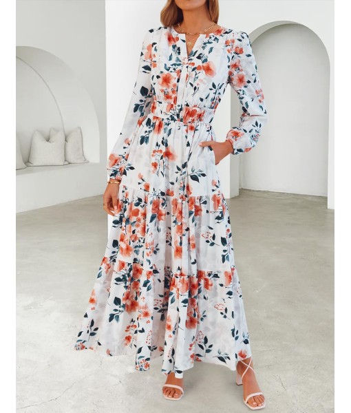 ZESICA Women's 2025 Fall Long Sleeve Maxi Dress Floral Print V Neck Empire Waist A Line Tiered Flowy Boho Party Dresses